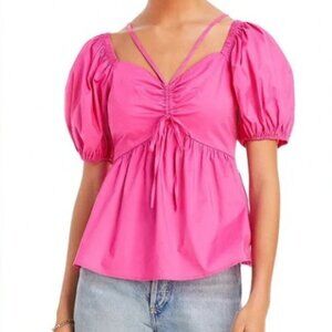 Aqua For Bloomingdale's Puff Sleeves Cotton Blouse Top Hot Pink sz S NWT  B14